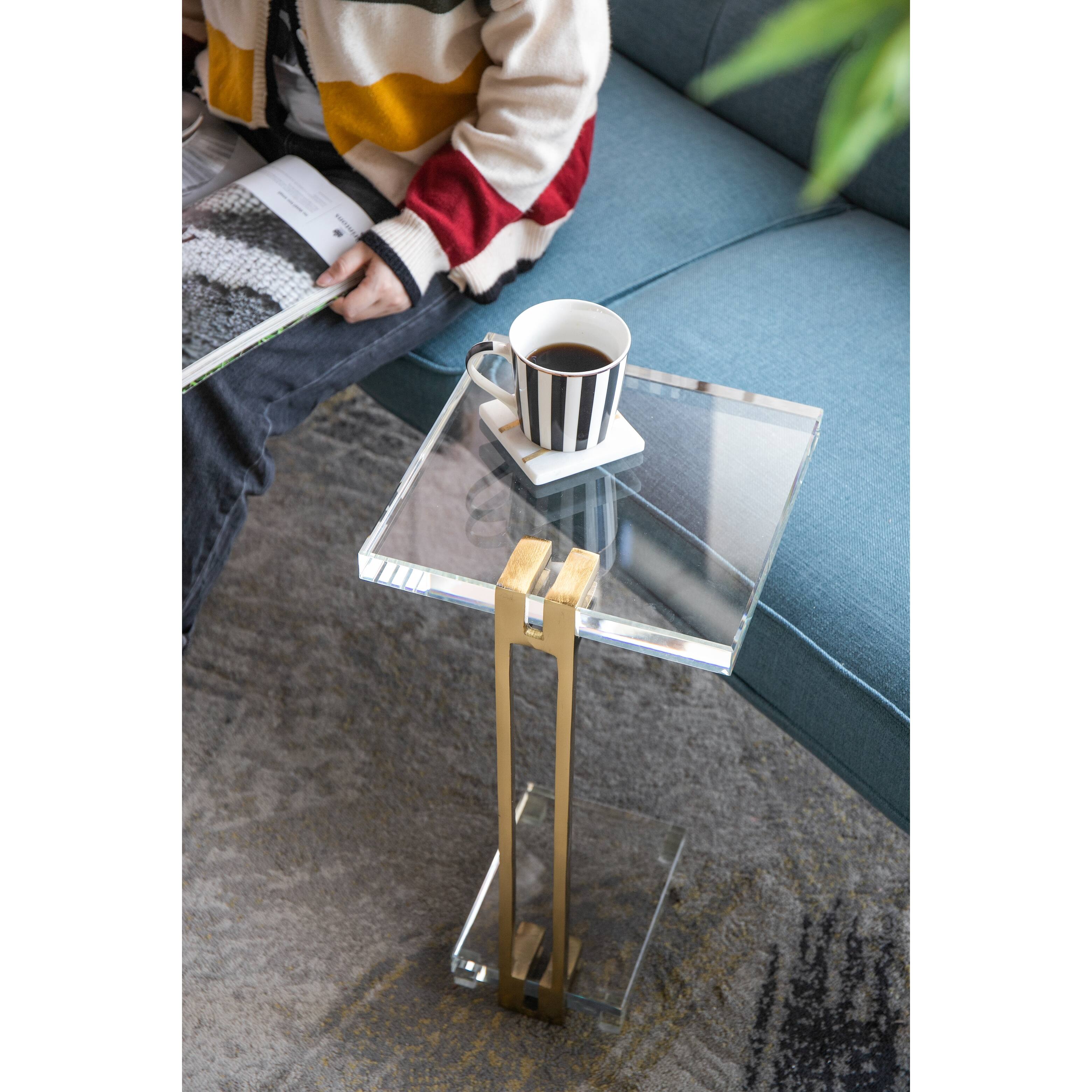 22" Crystal Side Table with Gold Metal Frame, Artistic Accent Table for